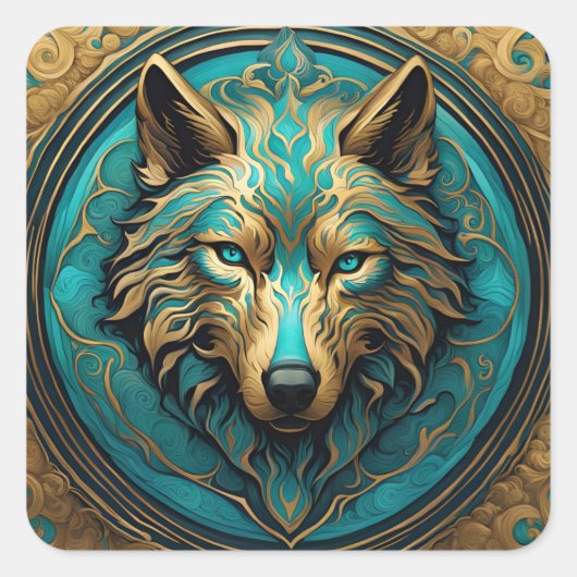 Sticker Carré Loup Turquoise et Or (Devant)