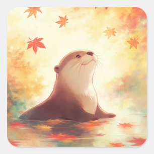 Sticker Carré Loutre dans l'eau avec des feuilles d'érable d'aut
