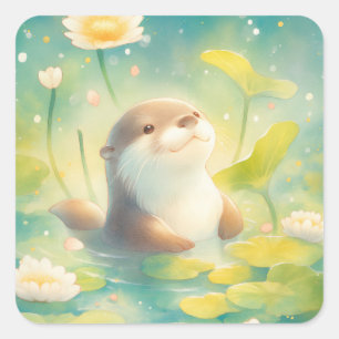 Sticker Carré Loutre dans l'eau avec des fleurs de nénuphar jaun