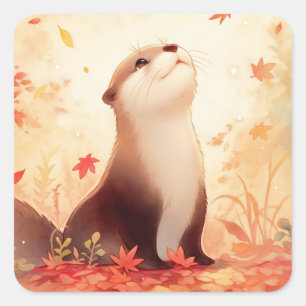 Sticker Carré Loutre heureuse regardant vers le haut les feuille