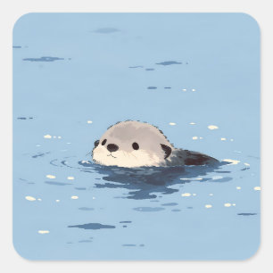 Sticker Carré Loutre minimaliste nageant dans l'eau bleue