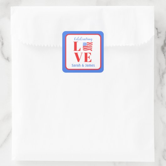 Sticker Carré LOVE Aquarelle Drapeau Américain NOM Mariée  (Sac)