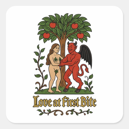 Sticker Carré Love at First Bite - Medieval Devil & Eve Meme (Devant)