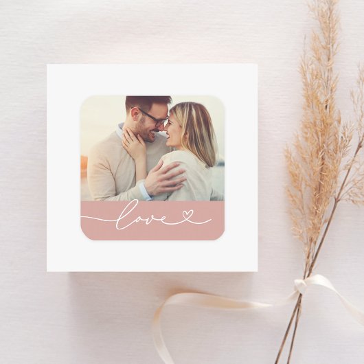 Sticker Carré Love Heart Script personnalisé Muted rose Mariage 