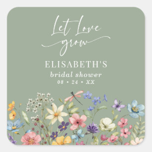 Sticker Carré Love Love Grow Sage Vert Fleurs de Mariage Shower