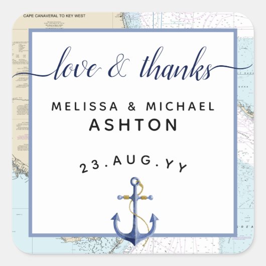 Sticker Carré Love & Merci Nautical Ancre Mariage | Floride (Devant)