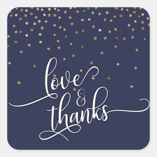 Sticker Carré Love & Merci Script, Gold Confetti et Navy Blue (Devant)