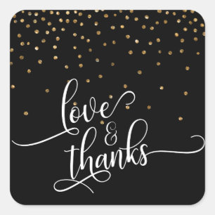 Sticker Carré Love & Merci Script, Gold Confetti on Black, 2