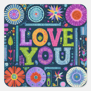 Sticker Carré Love You, design vintage coloré,