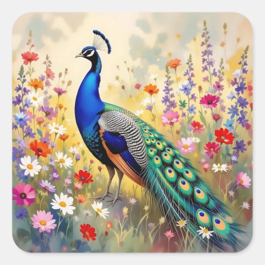 Sticker Carré Lovely Peacock in Field of Flowers (Devant)