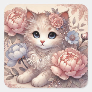 Sticker Carré Lovely Peony Princess Cat