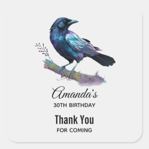 Sticker Carré Lovely Raven on a Tree Branch Anniversaire Merci