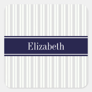 Sticker Carré Lt Gray Wht Uneven Stripe Navy Blue Name Monogram