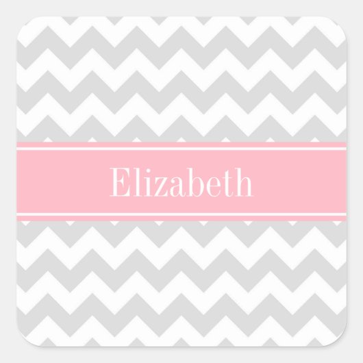 Sticker Carré Lt Grey White Chevron Zigzag Pink Nom Monogramme (Devant)