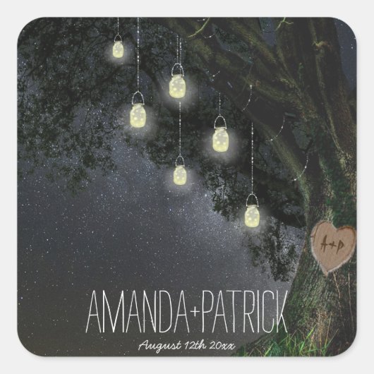 Sticker Carré Luciole Mason Jar Chêne Mariage Faveurs Phoques (Devant)