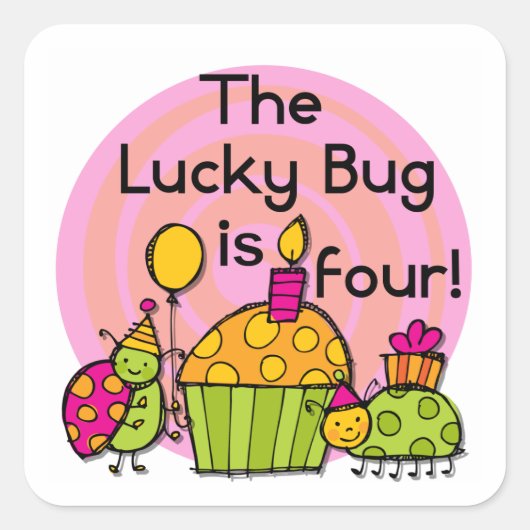 Sticker Carré Lucky Bug Cupcake 4th Birthday T-shirts et cadeaux (Devant)
