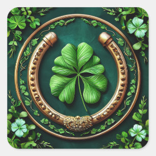 Sticker Carré Lucky Horseshoe et Clover Design