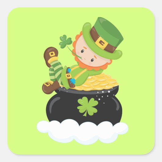 Sticker Carré Lucky Leprechaun sur une casserole d'or (Devant)