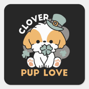 Sticker Carré Lucky Pup with Clover - St. Patrick's Day Cadeau