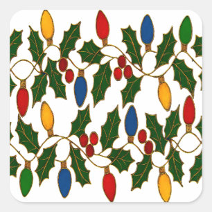 Sticker Carré Lumières de Noël et houx en cloisonné d'art