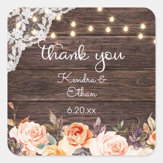 Sticker Carré Lumières dentelles en bois, Merci floral et brun 2 (Devant)