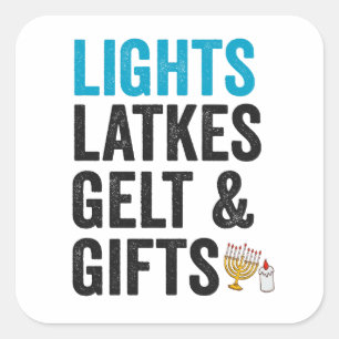 Sticker Carré Lumières latkes gelt et cadeaux drôles de Hanukkah