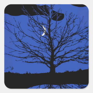 Sticker Carré Lune avec arbre, Bleu Cobalt, Noir et Blanc
