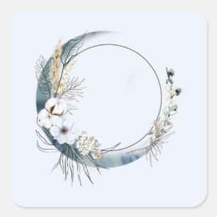 Sticker Carré Lune de croissant bleu avec fleurs blanches