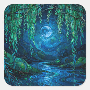 Sticker Carré Lune de Saule Saille Rivière Verte Bleue qui coule