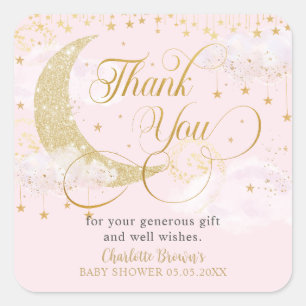 Sticker Carré Lune et étoiles Pastel Baby shower rose Merci