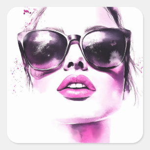 Sticker Carré Lunettes de soleil femme mode aquarelle rose chic