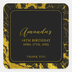 Sticker Carré Luxueux Marbre Noir & Or Sweet 16 Anniversaire
