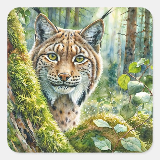 Sticker Carré Lynx dans la forêt verte luxuriante (Devant)
