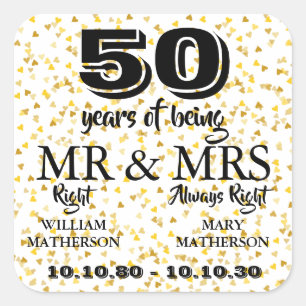 Sticker Carré M. Mme Right d'anniversaire de mariage d'or