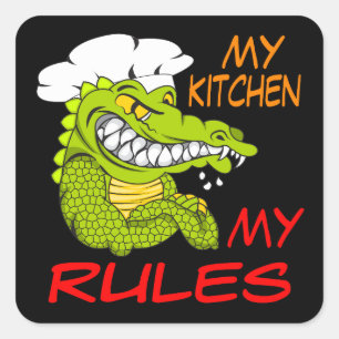 Sticker Carré Ma cuisine, mes règles, Alligator Chef, Noir