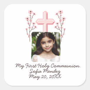 Sticker Carré Ma première communion personnalisée Photo florale