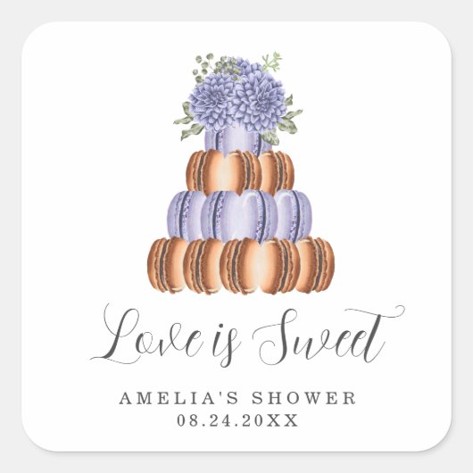 Sticker Carré Macaron de Baby Shower "L'amour est doux" (Devant)