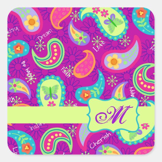 Sticker Carré Magenta Purple Vert moderne Paisson Monogramme (Devant)
