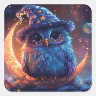 Sticker Carré Magic Owl Wizard on the Moon : Magical Imaginaire