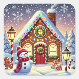 Sticker Carré Magical Gingerbread Wonderland: Festive Snowman an
