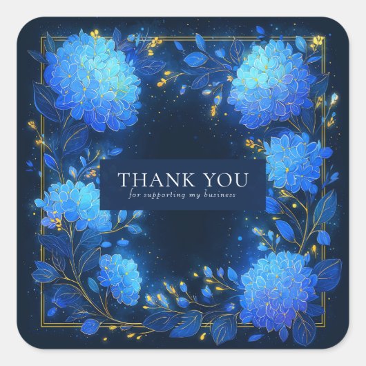 Sticker Carré Magical Glowing Blue Hydrangea Gold Sparkle Floral (Devant)