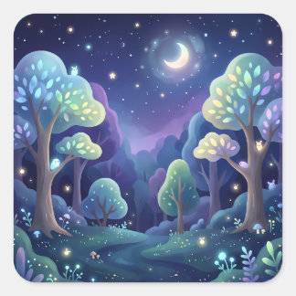 Sticker Carré Magical Night Forest and Glowing Pastel Trees