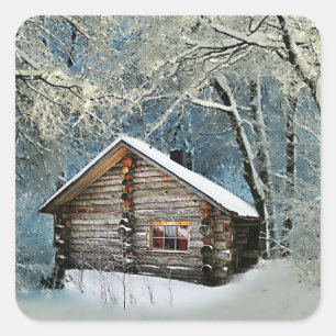 Sticker Carré Magie hivernale Rustique Cabine de billes