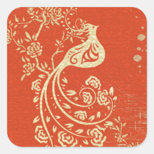 Sticker Carré Magnifique Oiseau d'Or Fille fine Rétro Floral