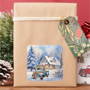 Sticker Carré Magnifique Vintage Blue Truck Winter Farmhouse