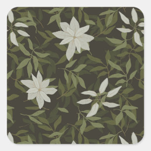Sticker Carré Magnolia et feuilles verts sur noir