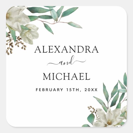 Sticker Carré Magnolia Eucalyptus Aquarelle Mariage élégant (Devant)