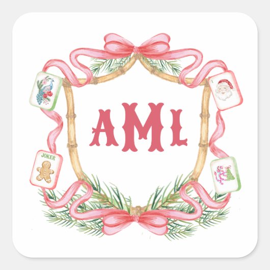 Sticker Carré Mahjong de Noël | Monogramme (Devant)