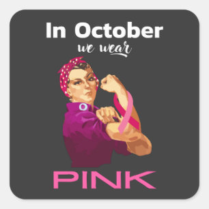 Sticker Carré Main en Octobre nous portons Pink Rosie le riveter