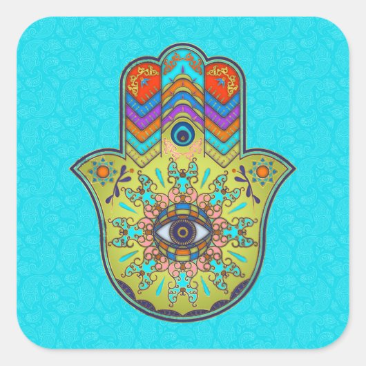Sticker Carré Main Hamsa colorée avec cachemire (Devant)